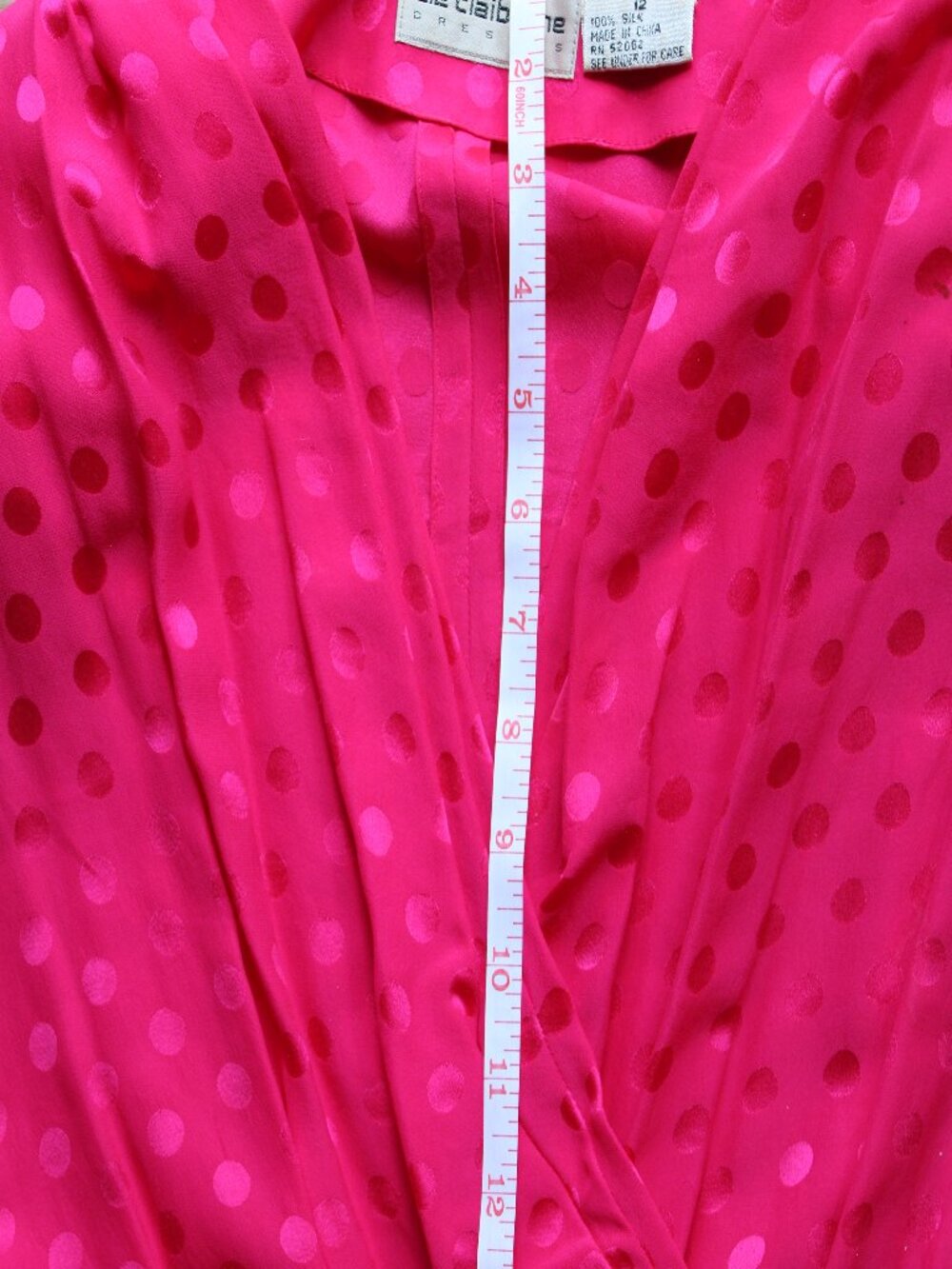 Vintage Liz Claiborne 100% Silk Hot Pink Polka-Dot Long Sleeve Midi Dress - Picture 12 of 16